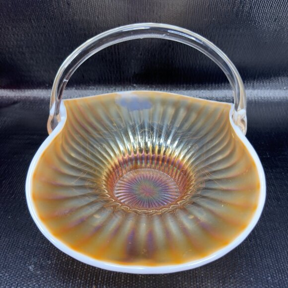 Dugan Caroline Peach Opal Opalescent Carnival Glass Handled Basket Bowl Antique - Picture 5 of 16